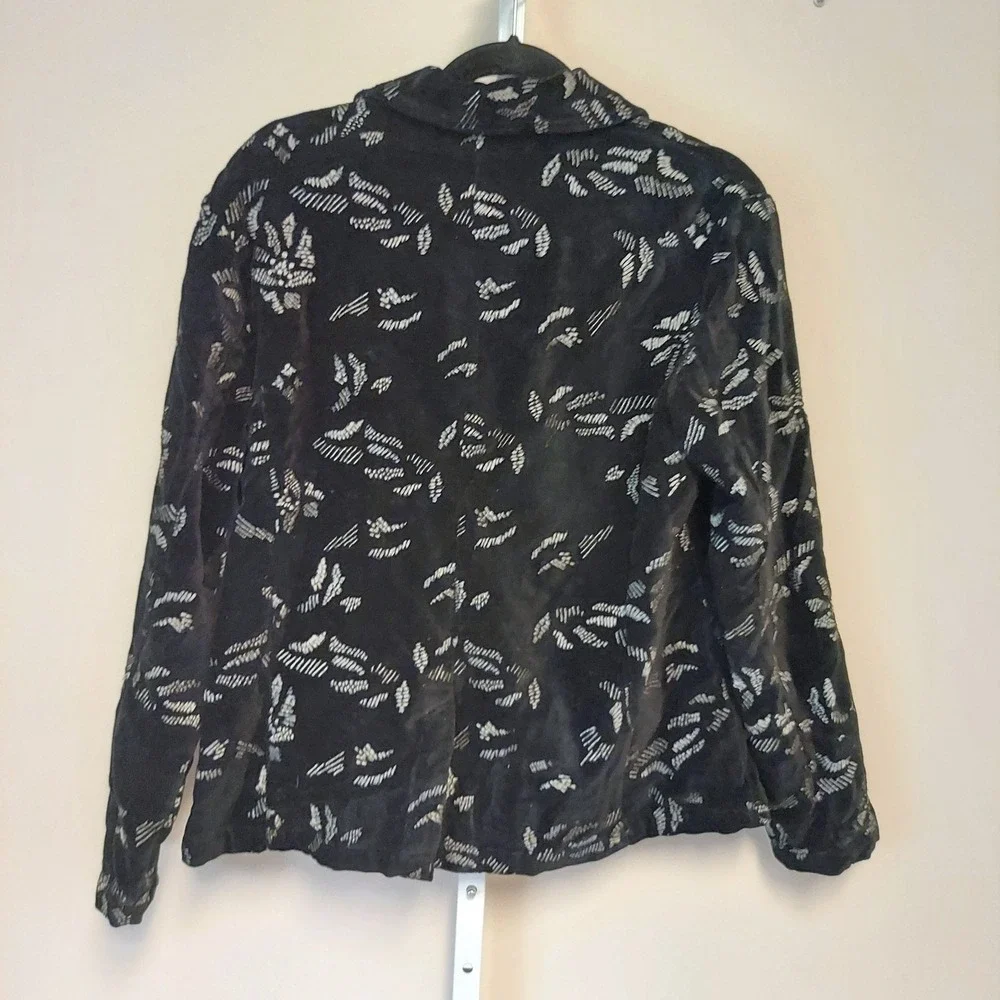 Chico's Black Cotton Velvet Blazer Silver Metallic Embroidery Jacket Size 2 L